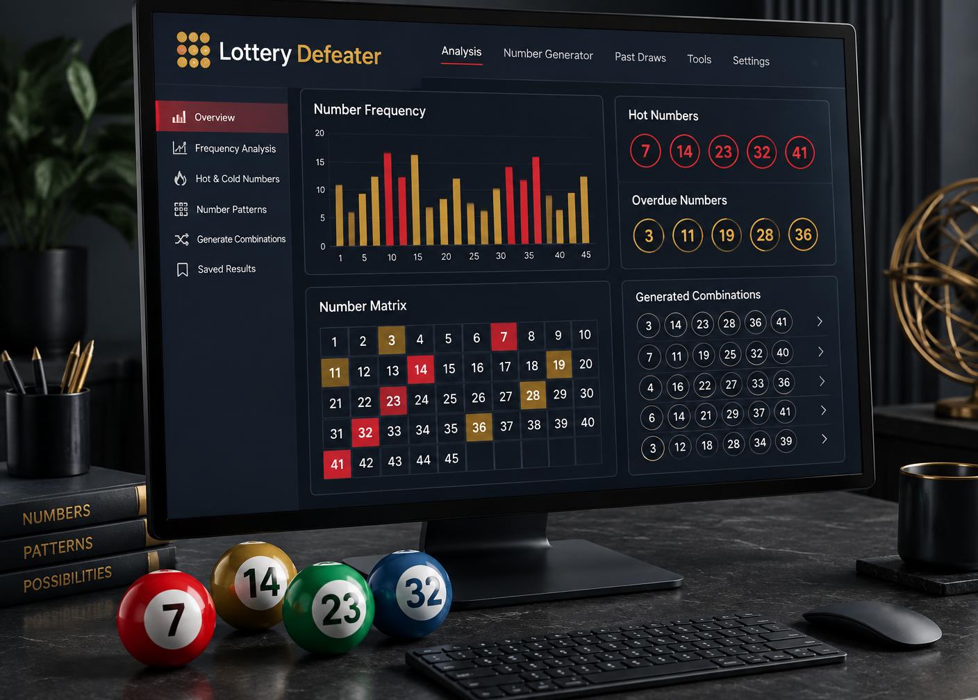 Visualization of Lottery Defeater frequency analysis, number matrix, hot numbers, overdue numbers, and generated combinations